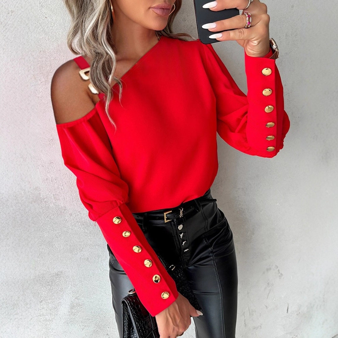 Fashion Lantern Sleeve Button Splicing Shirt Women Elegant Office Commuter O Neck Blouse Female Fall Spring Daily Casual Tops