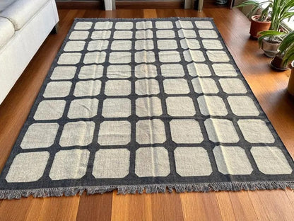 Handwoven Geometric Grid Area Rug, Beige Black Modern Boho Carpet