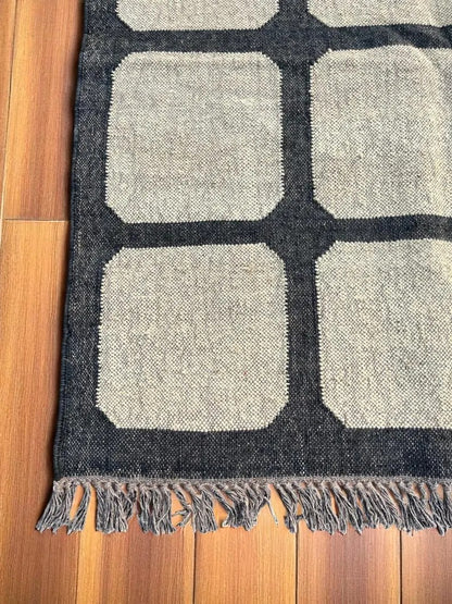 Handwoven Geometric Grid Area Rug, Beige Black Modern Boho Carpet