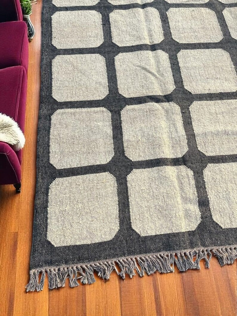 Handwoven Geometric Grid Area Rug, Beige Black Modern Boho Carpet