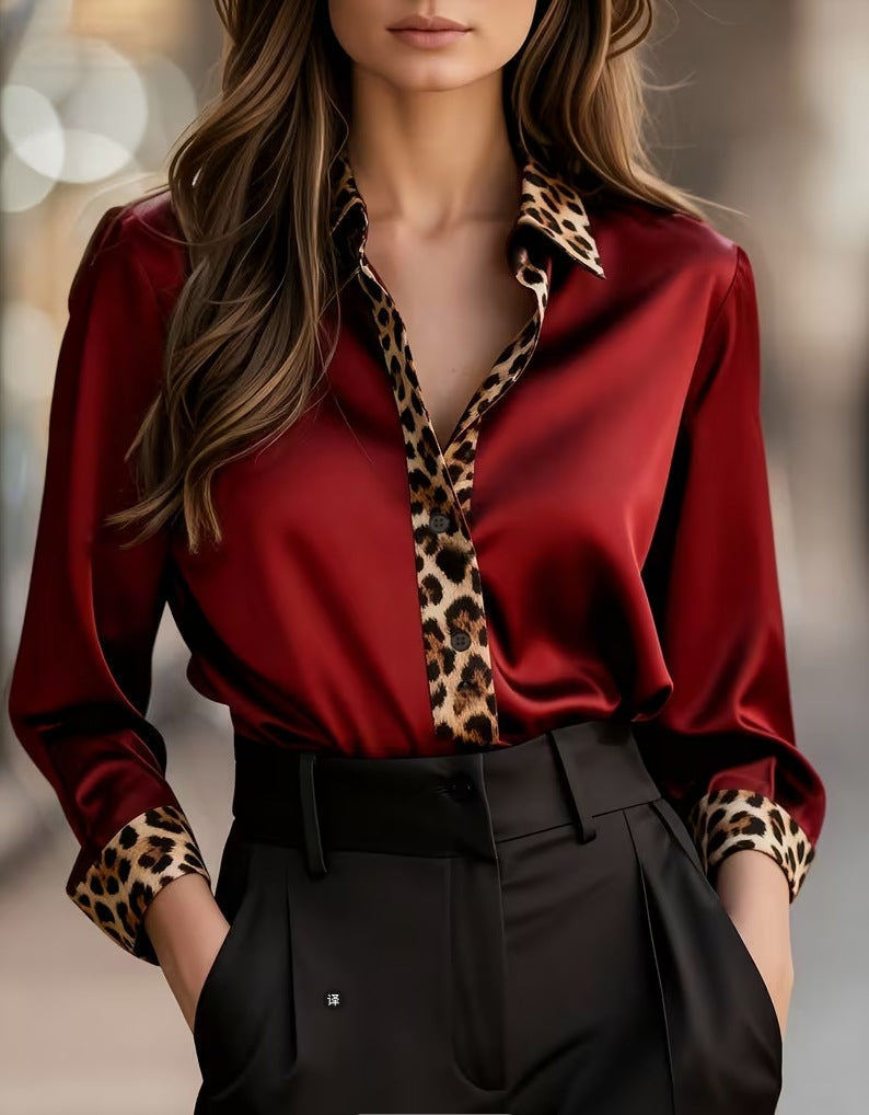 Womens Long-Sleeve Leopard-Print Crew-Neck Spliced Satin Shirt