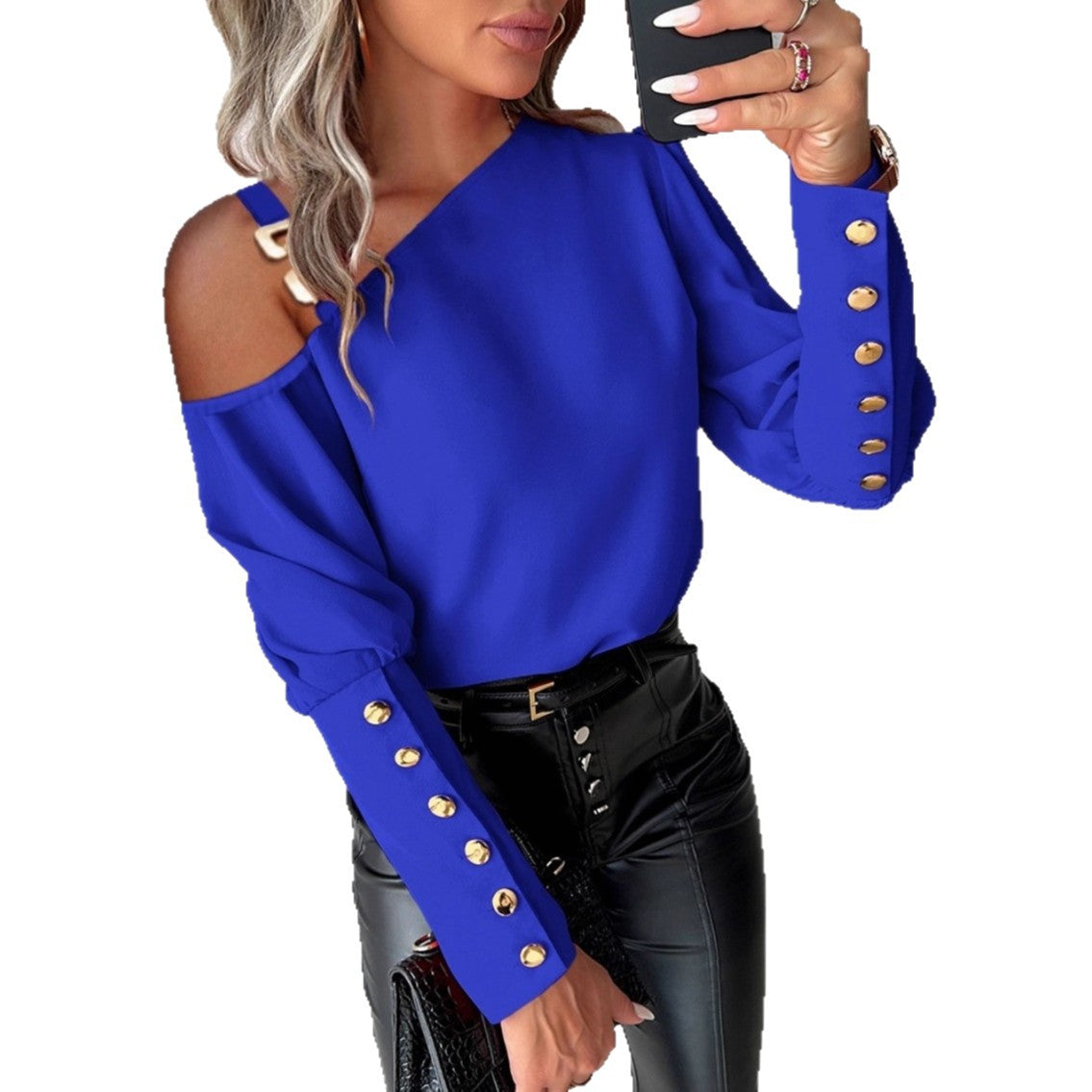 Fashion Lantern Sleeve Button Splicing Shirt Women Elegant Office Commuter O Neck Blouse Female Fall Spring Daily Casual Tops